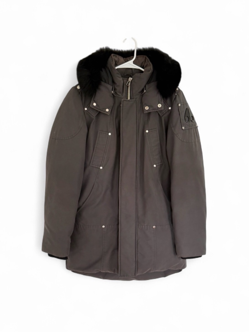 Moose Knuckles Men’s Jacket Gray Black Fur Trim Hooded Down Filled Winter DESC